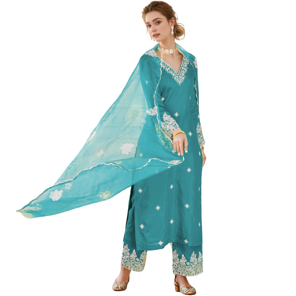 SHIENZY Women's Embroidered Chanderi Kurta Pant Set