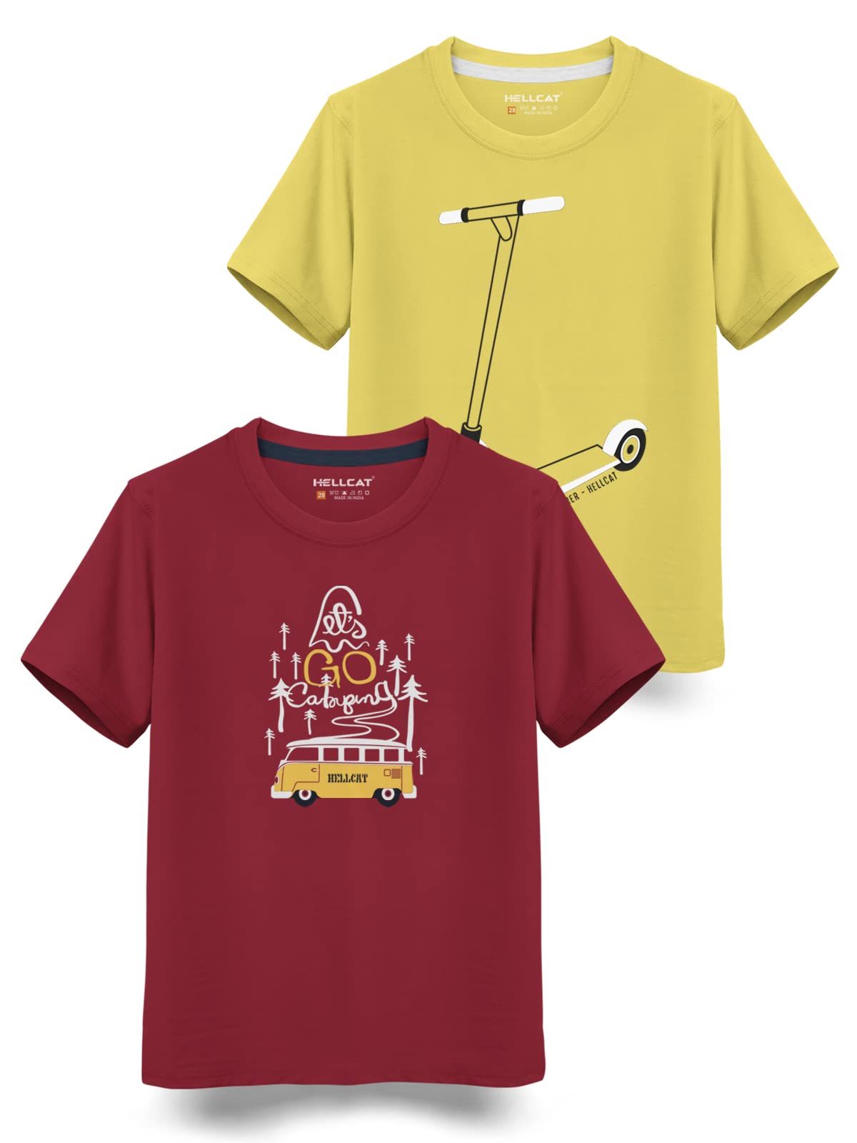 HELLCAT Boys Maroon Yellow Typographic T-Shirt