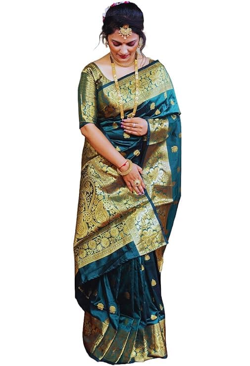 C J Enterprise Women's Banarasi Kanjivaram Silk Saree - Peacock Blue - Image 2