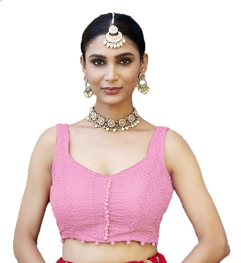 Pujia Mills Women's Georgette Floral Sleeveless Blouse - Baby Pink