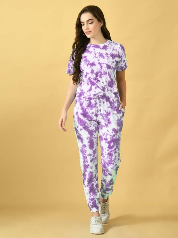 ELLITI Women Tie-Dye Printed Crop T-Shirt Night Suit - Image 2