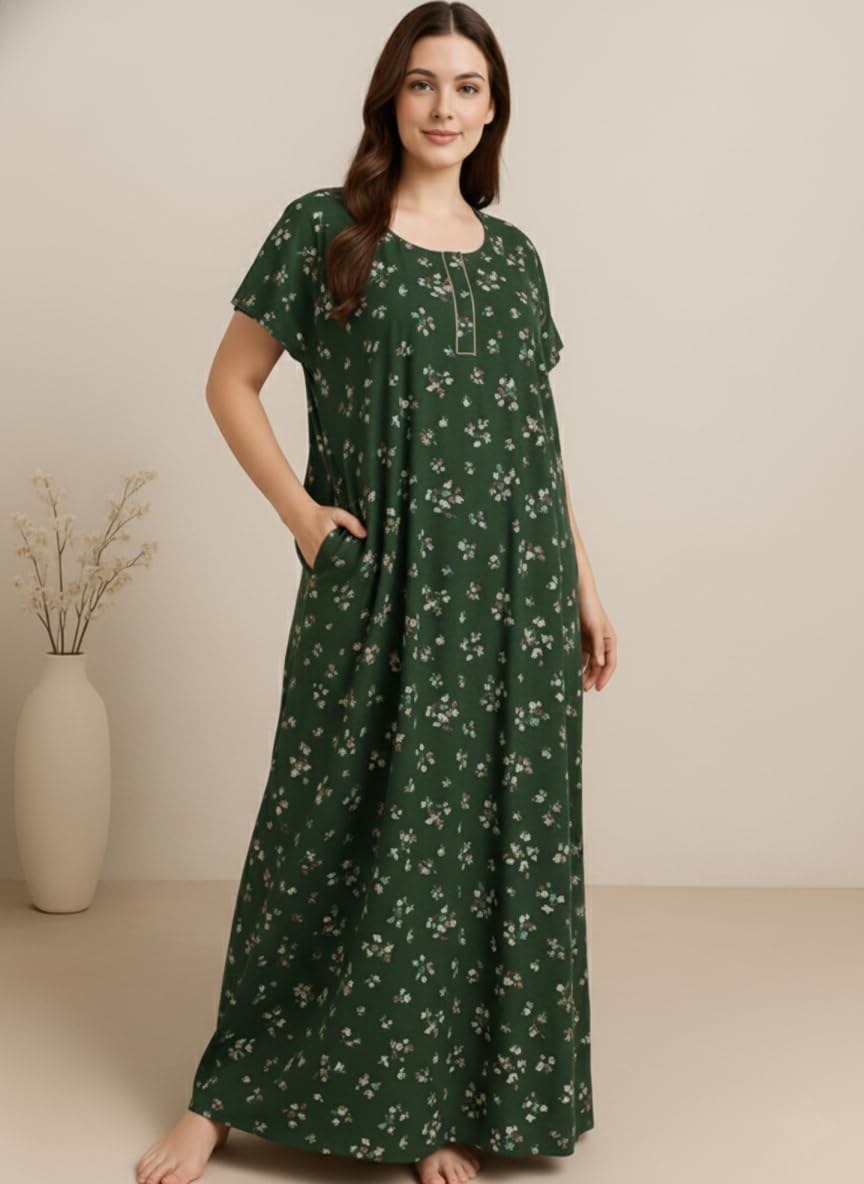 Bahumaan Women's Cotton Nighty Maxi Dress - Magenta Brown & Olive Green - Image 5