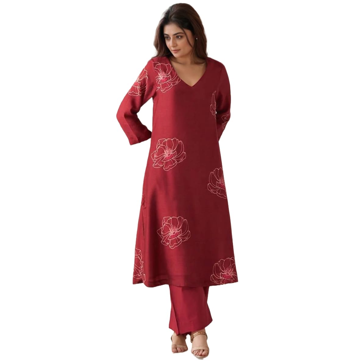 ANNI Women Rayon Viscose Printed Kurta with Pant - Red