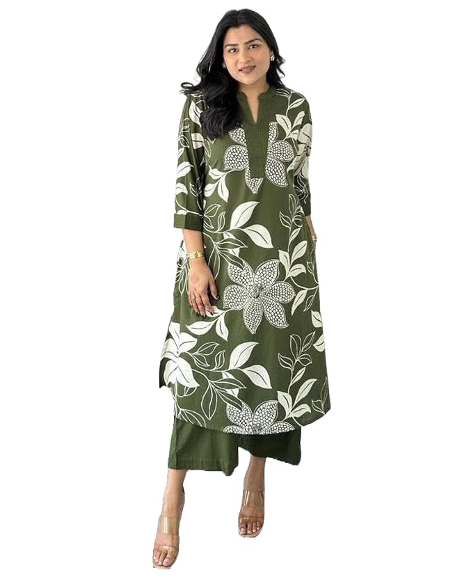 MEERA FAB Green Cotton Kurta Set for Women