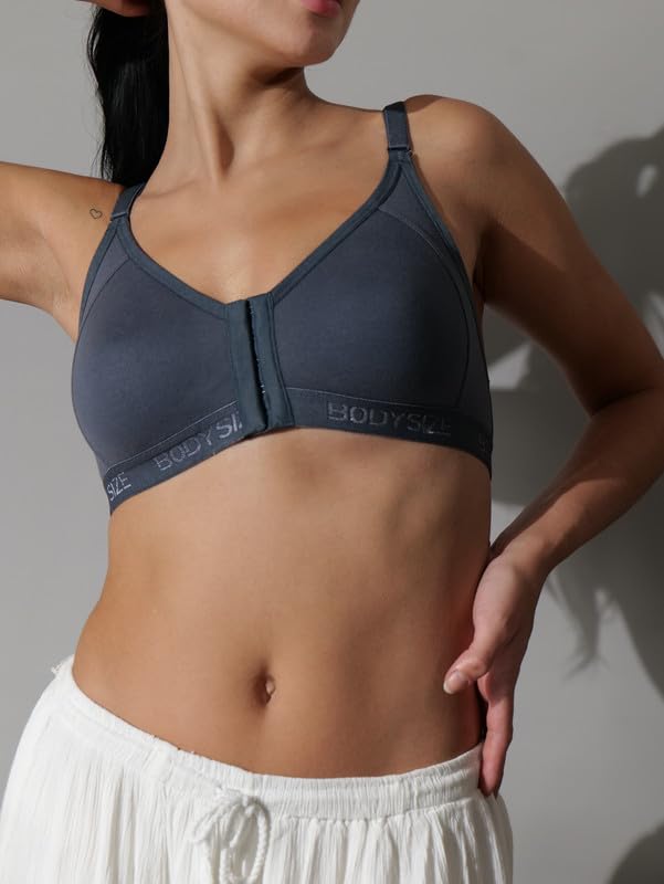 BODYSIZE Front Open Bra for Women - Grey Cotton - Image 3
