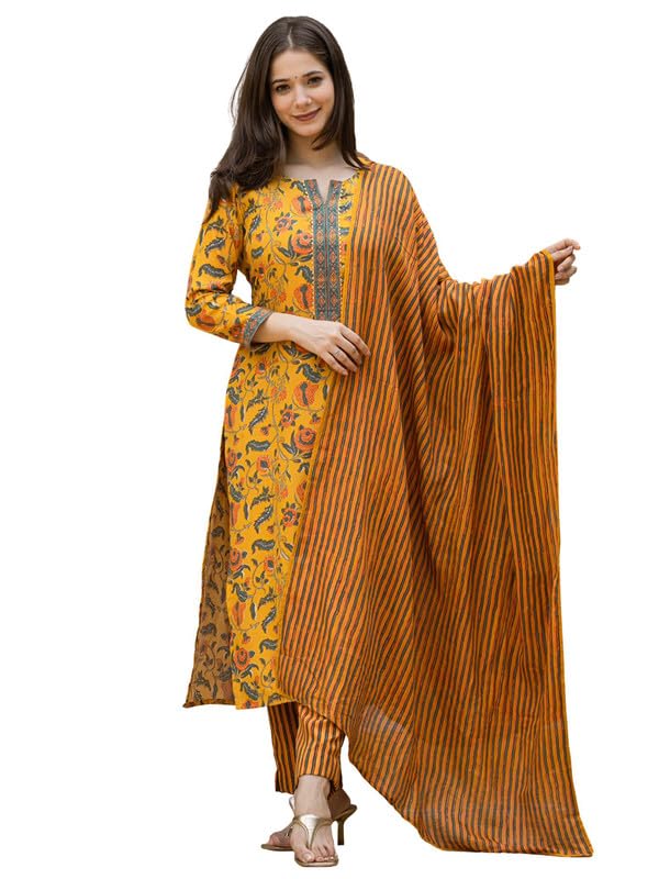 Kurta Pant Dupatta Set for Women - Yellow Floral