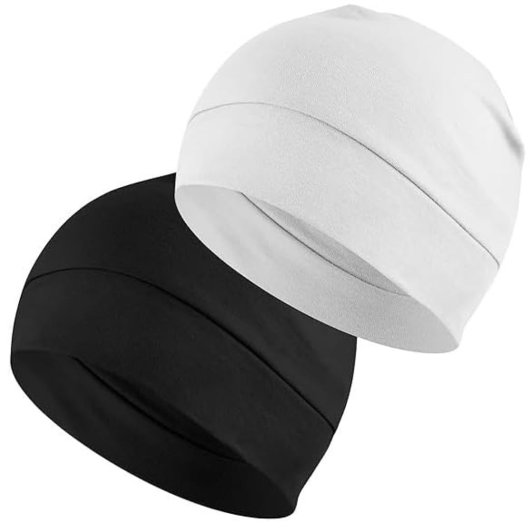 Caiuse Cotton Lycra Skull Cap Beanie for Men and Women - Black White