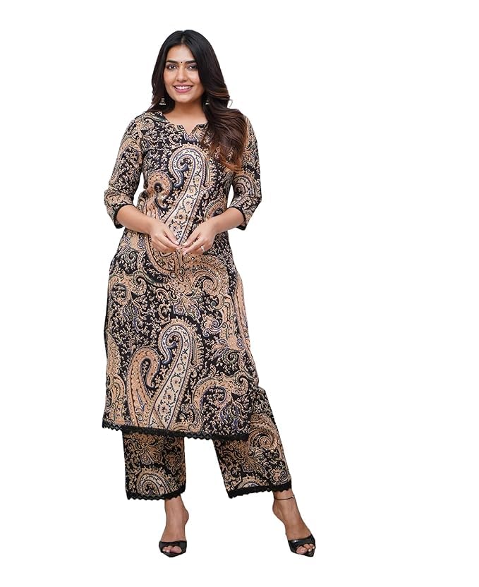 Nermosa Black Printed Kurta Pant Set for Women