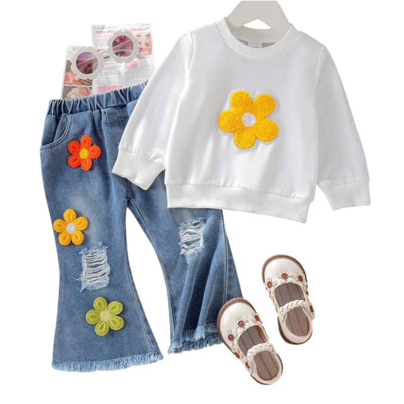 Naina Girls Party Top Bottom Set - White & Denim Blue