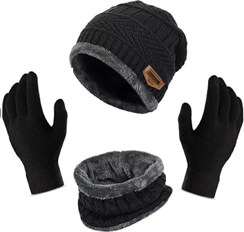 HUNTSMANS ERA Men's Wool Beanie Hat Scarf Gloves Set - Black