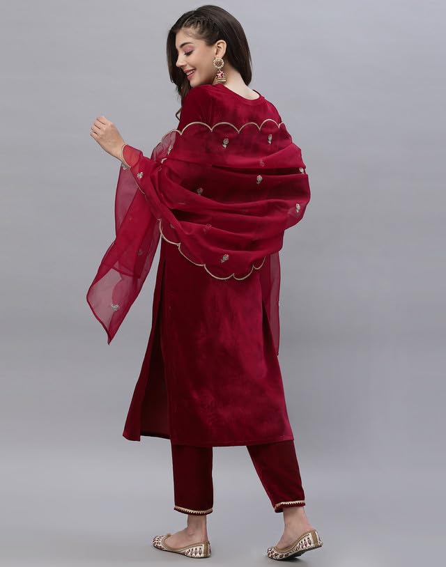 SIRIL Velvet Embroidery Kurta Set - Red - Image 4