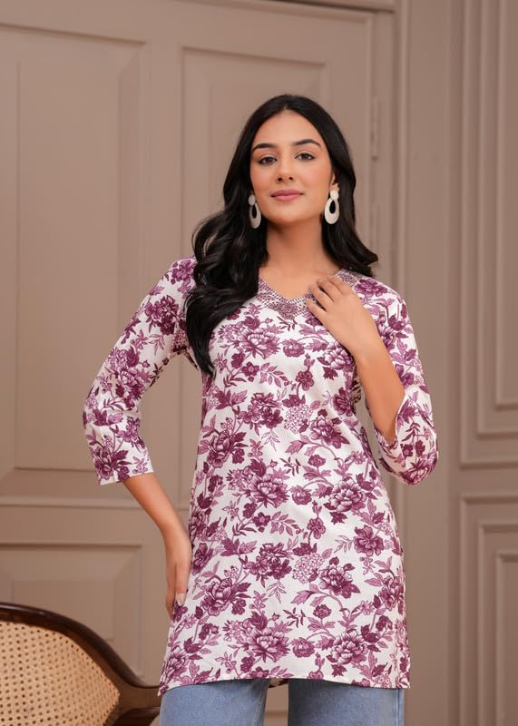 GarbGlide Women's Floral V-Neck Kurti - Purple - Image 5