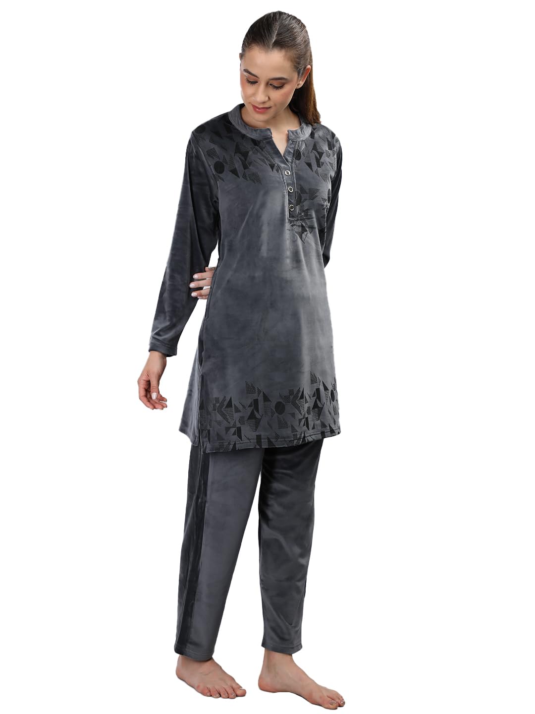 Duchess Women's Velvet Printed Night Suit - Dark-Blue - Image 5