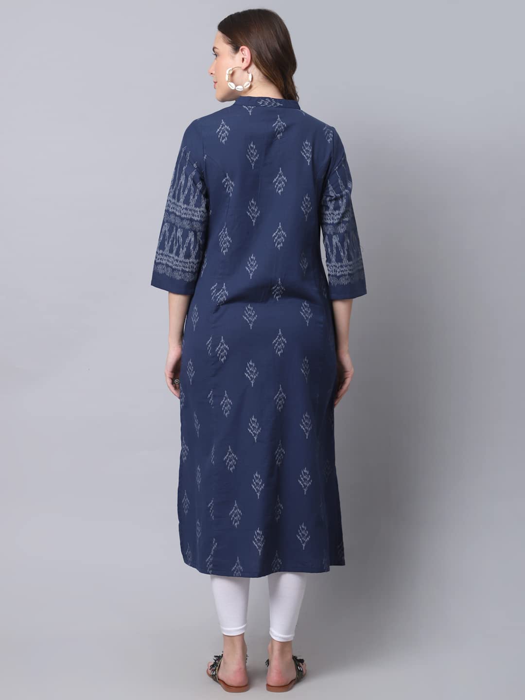 GarbGlide Women Cotton Ikat Print A-Line Kurta - Navy Blue - Image 4