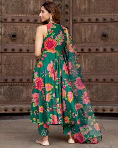 ANNI DESIGNER Women's Cotton Blend Anarkali Kurta - Green - Image 2