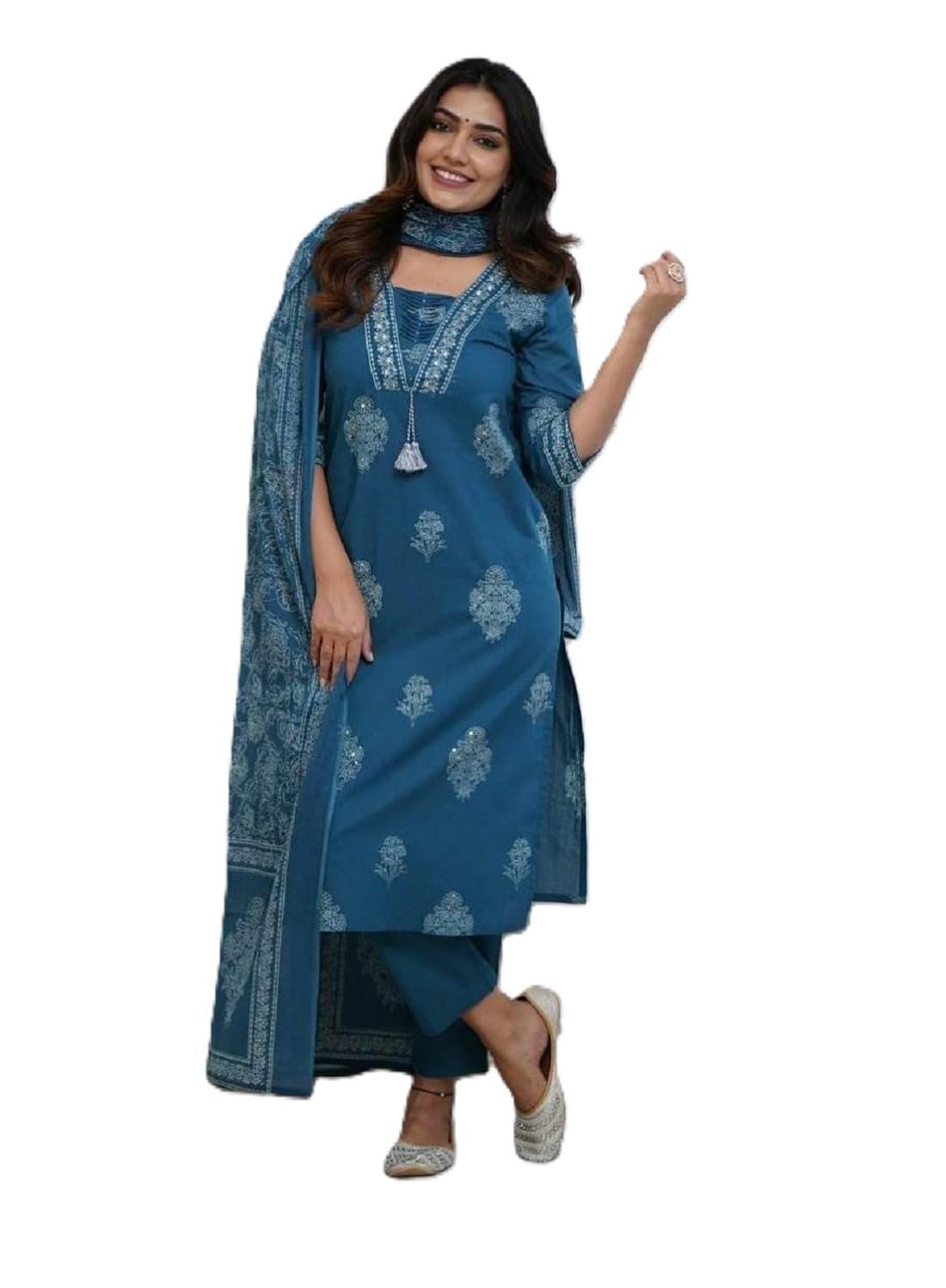 PARTHVI Blue Cotton Printed Kurta Set for Women