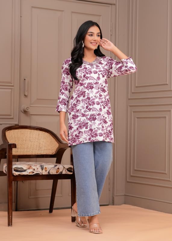 GarbGlide Women's Floral V-Neck Kurti - Purple - Image 2
