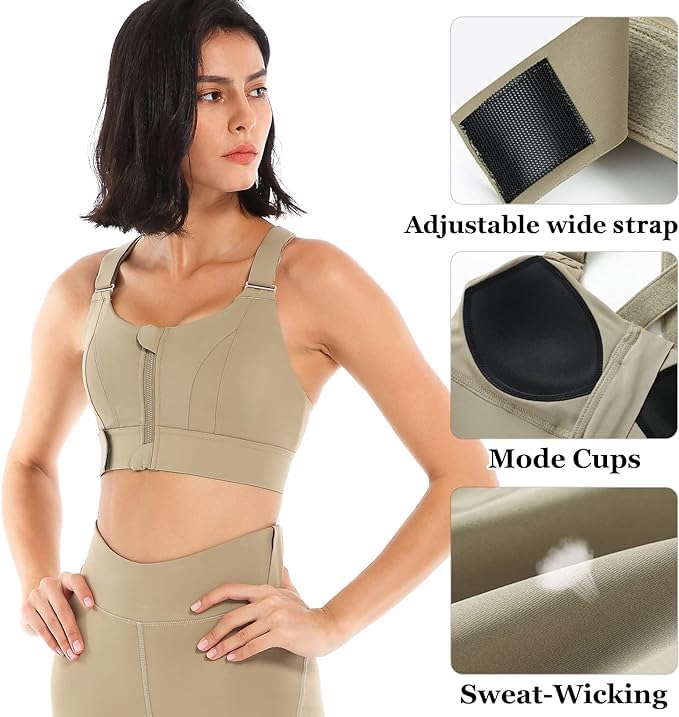 PLUMBURY Women's Padded Front Zip Sports Bra - Army Green - Image 4