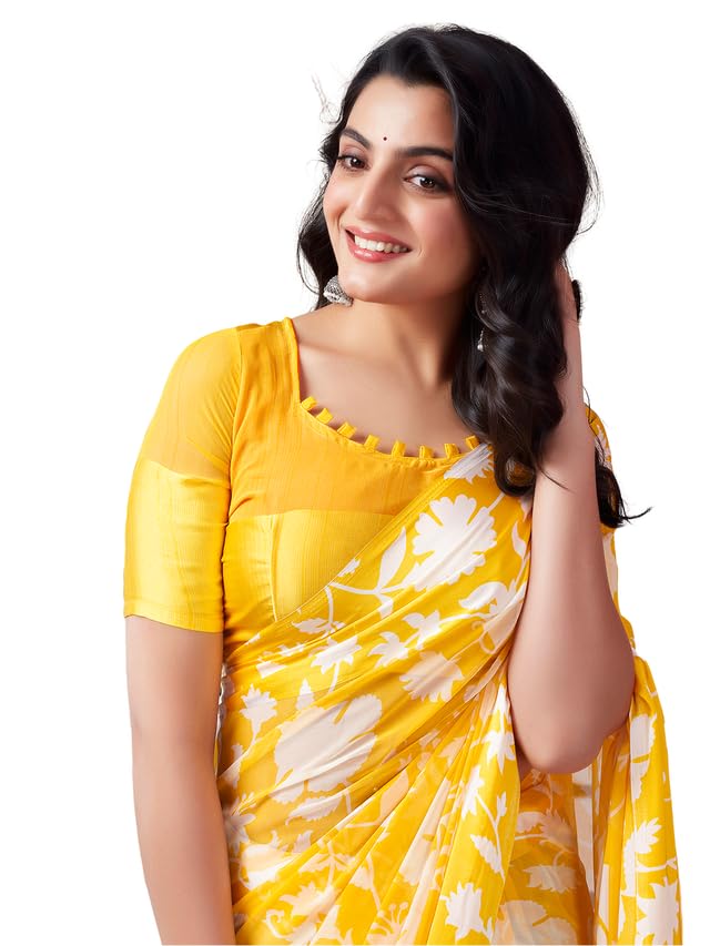Satrani Georgette Floral Saree - Yellow