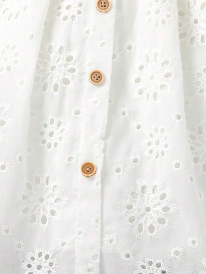 White Floral Eyelet A-Line Dress for Girls - Image 5
