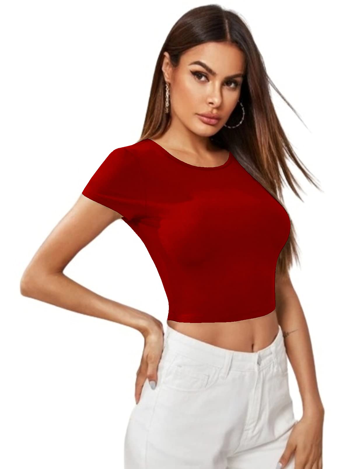 Dream Beauty Crop Top for Women - Polyester Blend T-Shirt - Red - Image 2