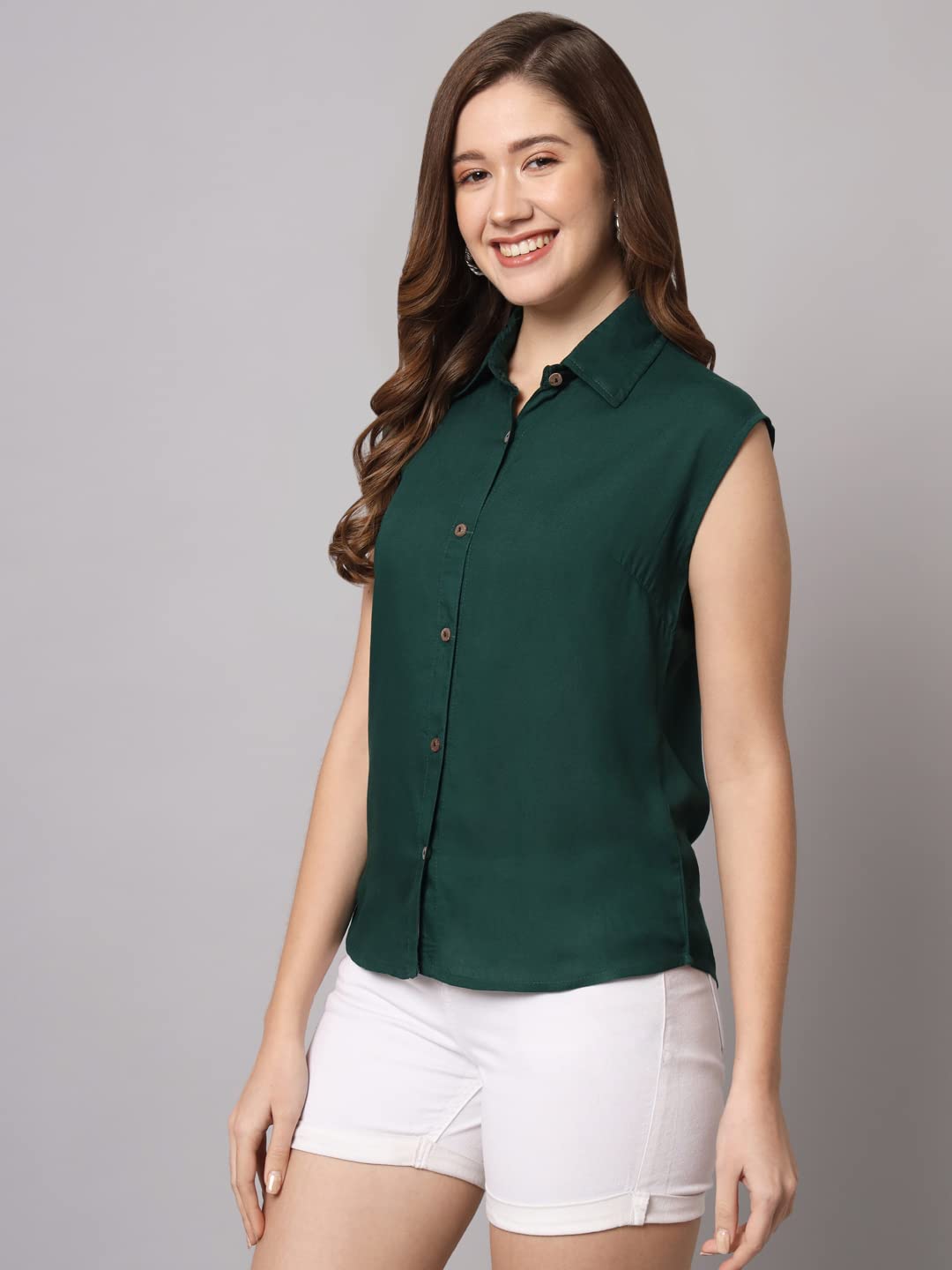 FUNDAY FASHION Women's Rayon Blend Sleeveless Shirt - Bottle Green - Image 3