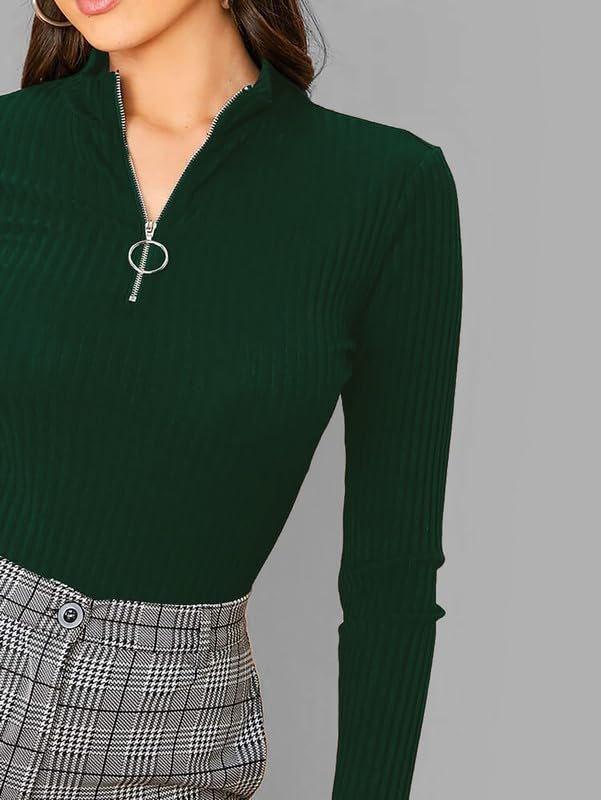 Dream Beauty Women's Half Zip Mock Neck Tee - Dark Green - Image 2