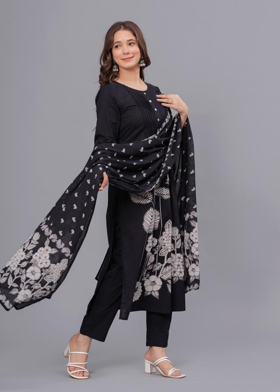 Arayna Women's Cotton Printed Kurta Set with Palazzo & Dupatta - Black - Image 3