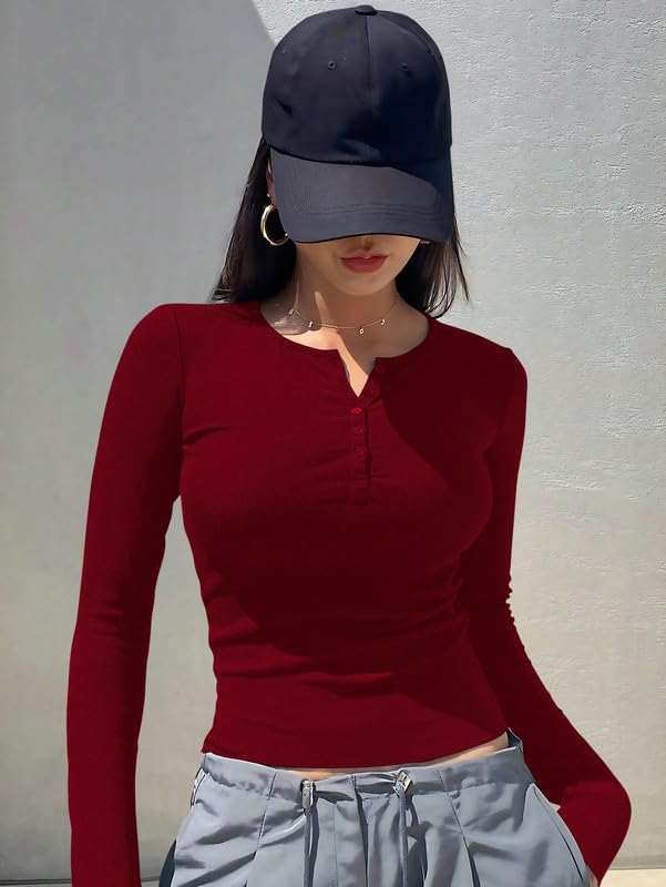 Dream Beauty Fashion Maroon Henley Neck Top for Women - Image 3