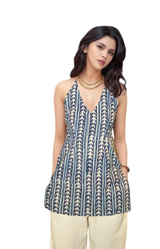 DIGILINE Women's Indigo Hand Block Printed Halter Neck Tunic