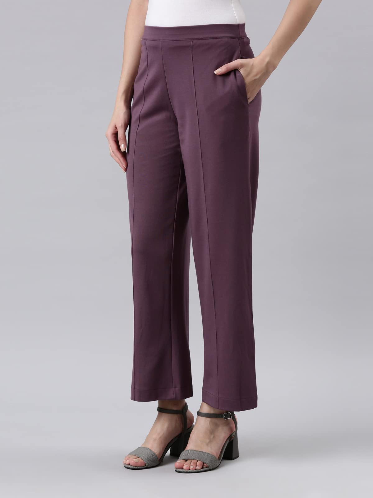 GO COLORS Women Purple Ponte Wide Leg Pants - Image 2