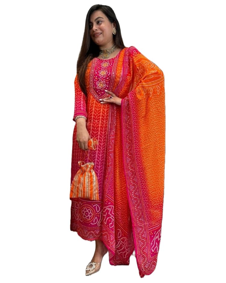 GoSriKi Women's Bandhej Printed Kurta with Pant & Dupatta