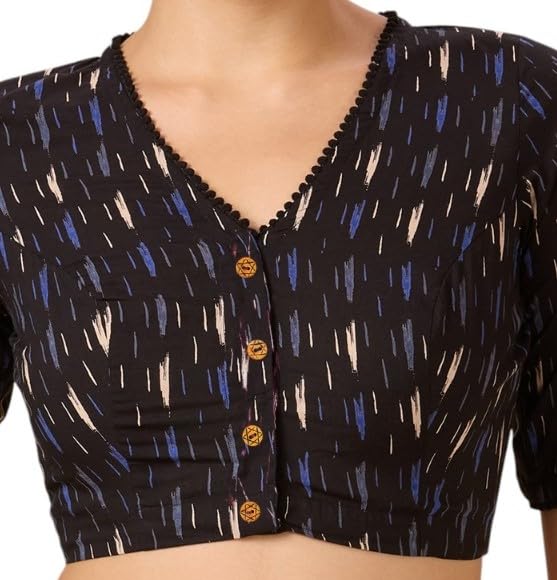 Studio Shringaar Women's Cotton Ikat Printed Saree Blouse - Black - Image 3