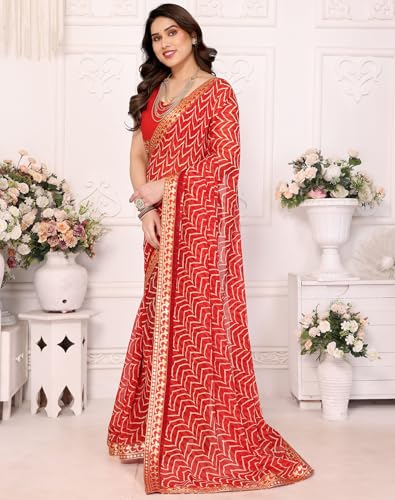 Yashika Women's Printed Georgette Saree - Red - Image 3
