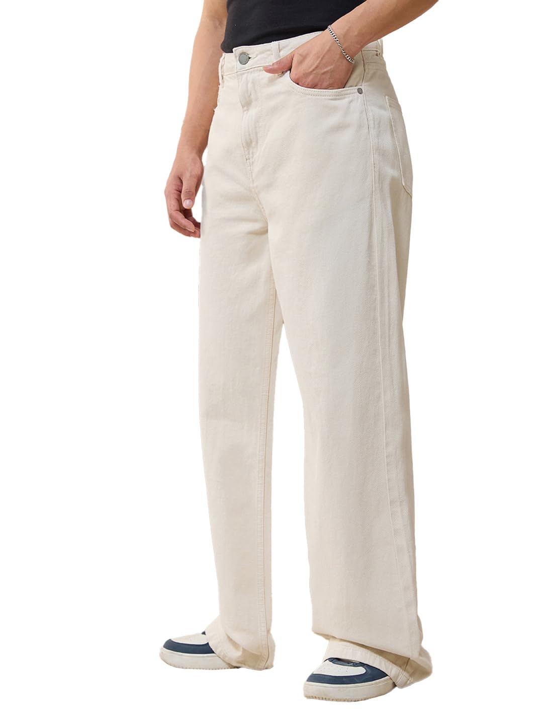 Bewakoof Men's Solid Wide Leg Cotton Jeans - Beige