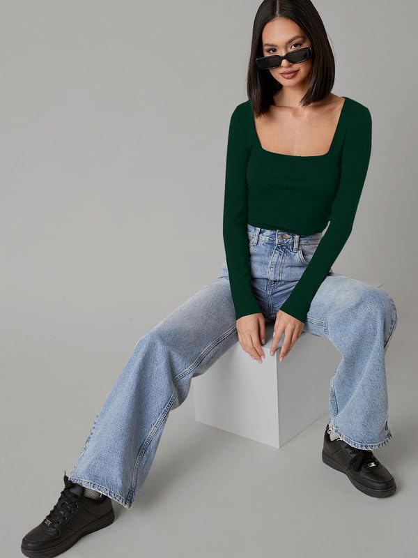 Square Neck Long Sleeve Top for Women - Green - Image 3