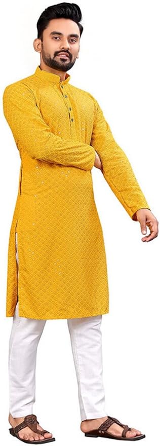 LookMark Men's Chikankari Kurta - Yellow - Image 2