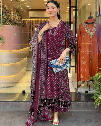 ANNI DESIGNER Women's Rayon Anarkali Kurta - Wine - Image 2