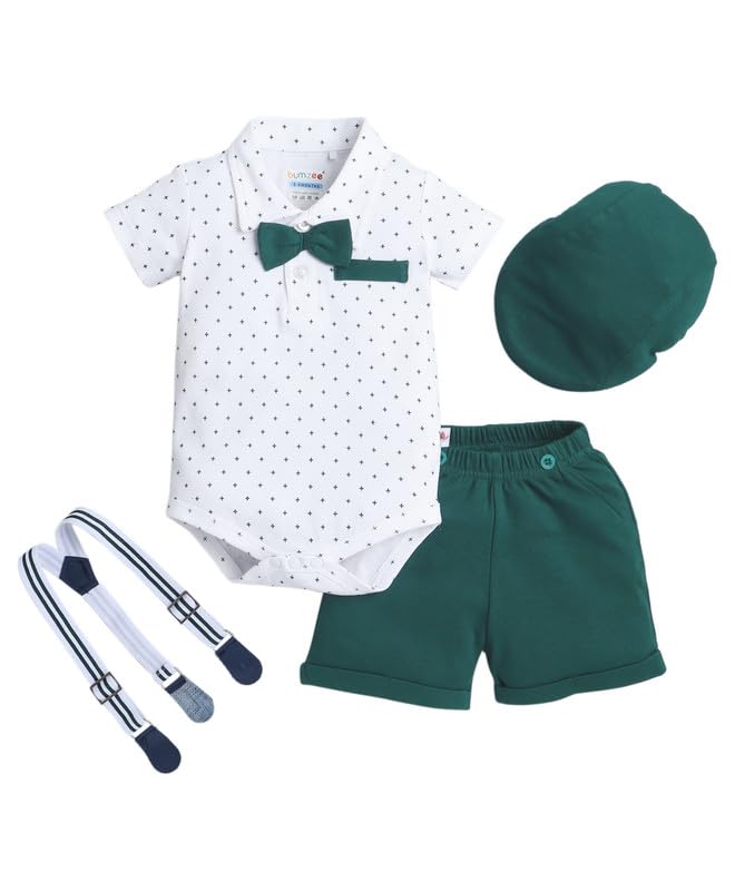 BUMZEE Baby Boys Cotton Bodysuit Set - White & Bottle Green