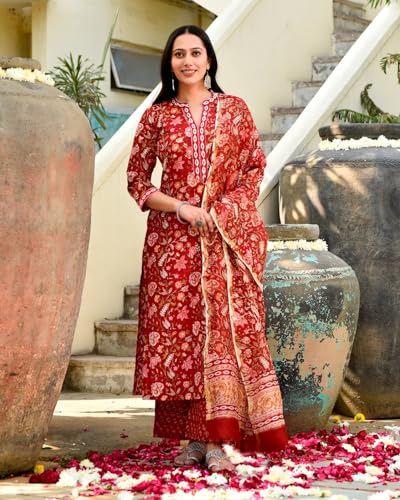 FABNEX Red Embroidered Kurta Pant Set for Women - Image 2
