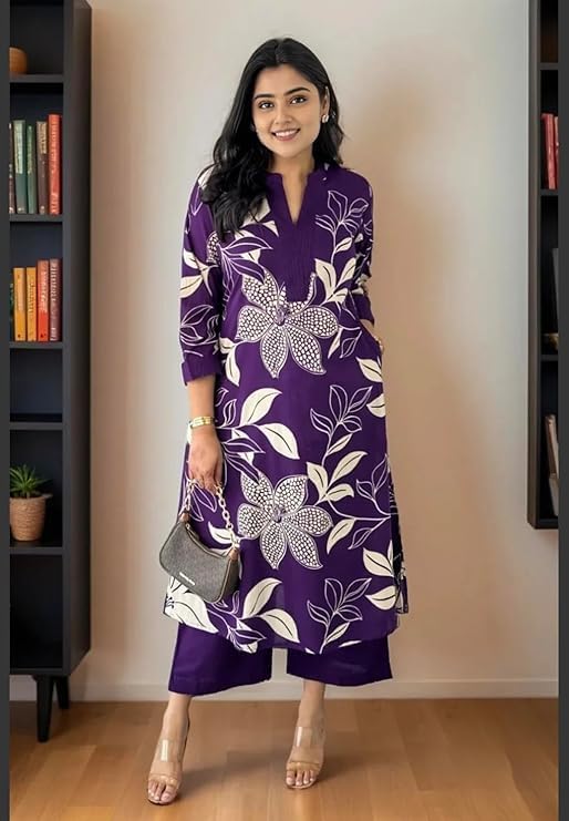 LookMark Violet Floral Kurta Palazzo Set for Women - Image 4