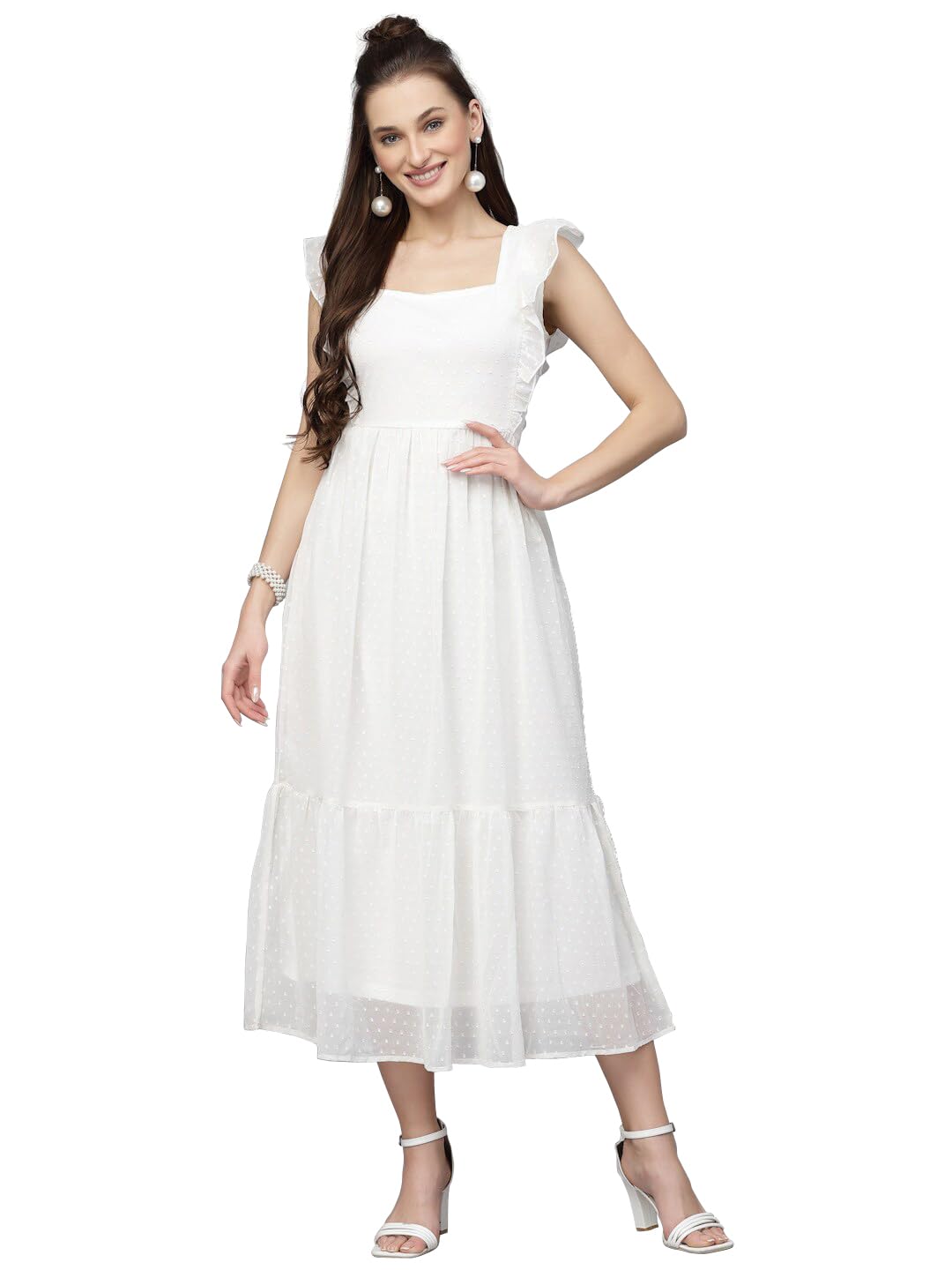 Sugathari Georgette Jacquard Butti White Dress