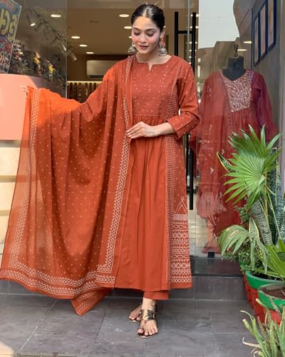 Anarkali Kurta Set with Pant & Dupatta - Orange - Image 3