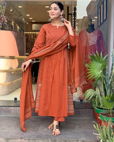 Anarkali Kurta Set with Pant & Dupatta - Orange - Image 4