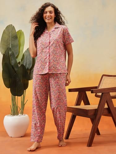 Clovia Women's Cotton Floral Printed Shirt & Pyjama Set - Pink - Image 2