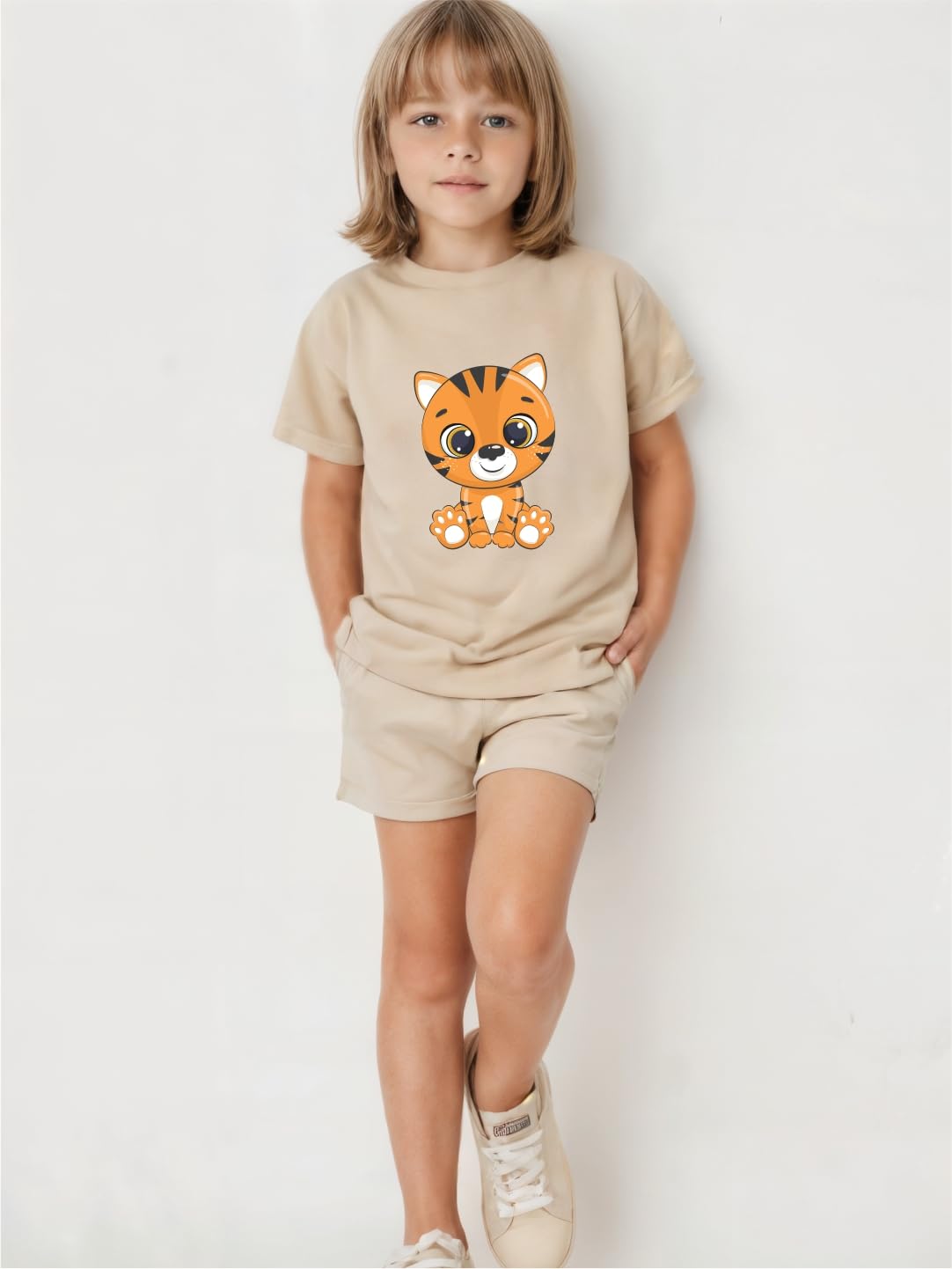Minicult Kids Cotton Coord Set - Beige Tiger Print - Image 3