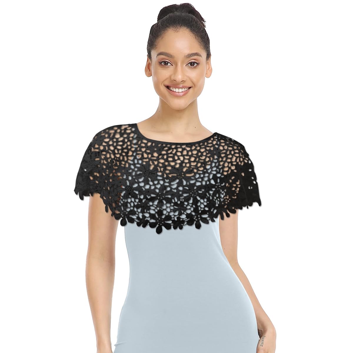 SANNIDHI Black Crochet Floral Poncho for Women