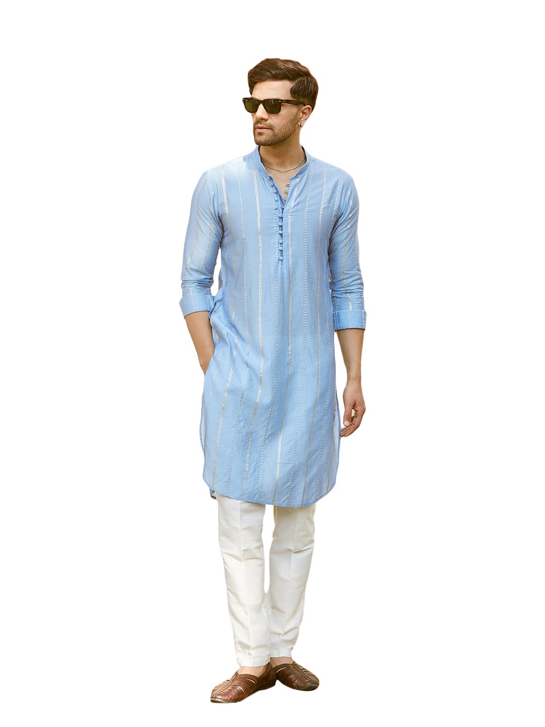 Turquoise Blue Chanderi Silk Kurta for Men