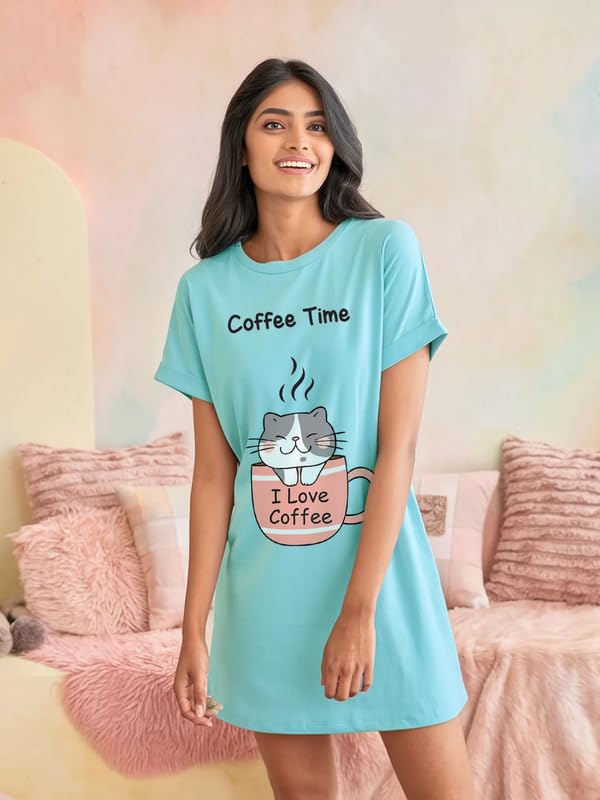 Fflirtygo Turquoise Printed Cotton Nighty for Women - Image 5