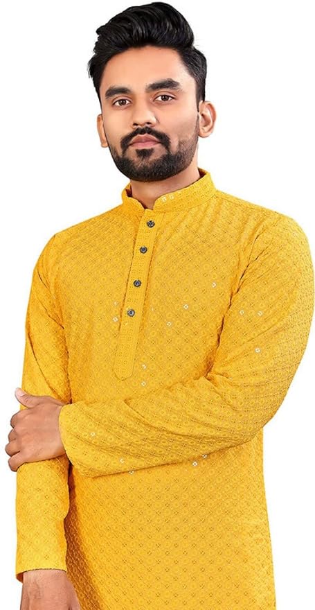 LookMark Men's Chikankari Kurta - Yellow - Image 4